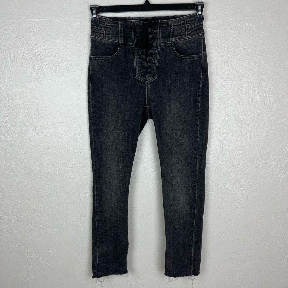 We the Free People Curvy Pull On Jeans High Rise Lace Up Skinny Stretch Grey 27